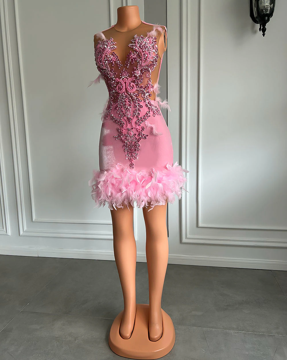 Vestidos de fiesta de cóctel de cumpleaños para mujeres reales, vestidos formales de malla transparente con bordado de cuentas, terciopelo rosa y negro, vestidos de fiesta cortos para niñas 