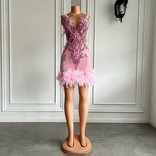Vestidos de fiesta de cóctel de cumpleaños para mujeres reales, vestidos formales de malla transparente con bordado de cuentas, terciopelo rosa y negro, vestidos de fiesta cortos para niñas 