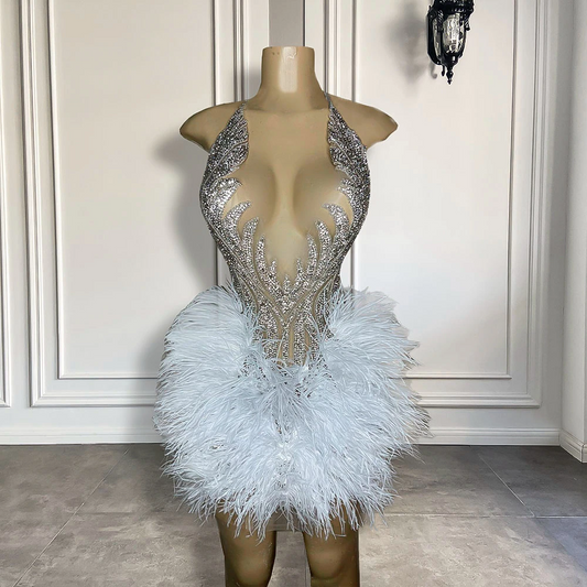 Vestidos curtos de baile luxuosos, prateados e pretos, para meninas, sensuais, transparentes, com penas brancas, minivestidos formais para festa de aniversário