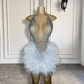 Vestidos de fiesta cortos de lujo con diamantes negros y plateados para niñas, sexys, transparentes, con plumas blancas, minivestidos formales para fiesta de cumpleaños. 