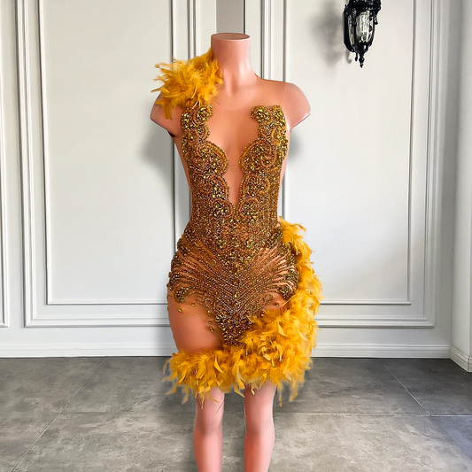 Vestidos de fiesta de cumpleaños sexys, transparentes, de malla transparente, con brillantes, de lujo, dorados, con diamantes negros, para niñas, vestidos de graduación cortos con plumas 