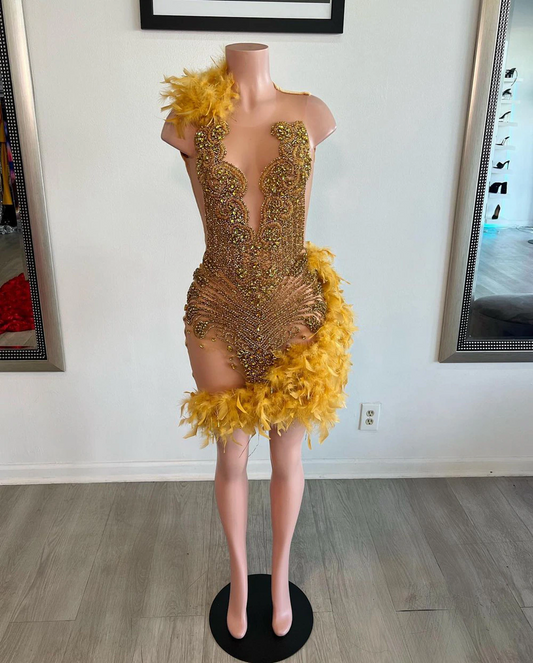 Vestidos de fiesta de cumpleaños sexys, transparentes, de malla transparente, con brillantes, de lujo, dorados, con diamantes negros, para niñas, vestidos de graduación cortos con plumas 