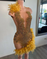 Vestidos de fiesta de cumpleaños sexys, transparentes, de malla transparente, con brillantes, de lujo, dorados, con diamantes negros, para niñas, vestidos de graduación cortos con plumas 