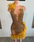 Vestidos de fiesta de cumpleaños sexys, transparentes, de malla transparente, con brillantes, de lujo, dorados, con diamantes negros, para niñas, vestidos de graduación cortos con plumas 
