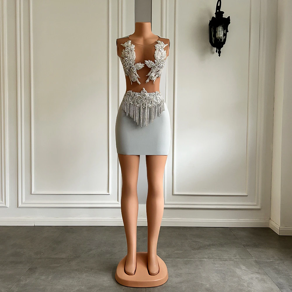 Vestidos de fiesta de cumpleaños cortos de malla transparente con imagen real, vestidos formales con brillantes diamantes plateados y licra, minivestidos negros para niñas. 