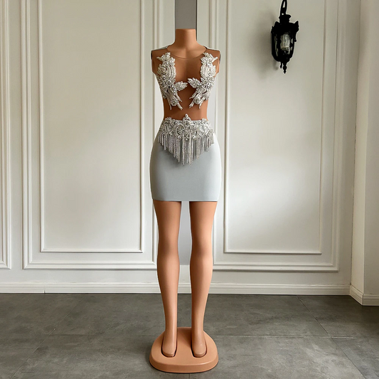 Vestidos formais de festa de aniversário com malha transparente e imagem real, minivestidos curtos de baile para meninas, em elastano, prateados e brilhantes, com diamantes