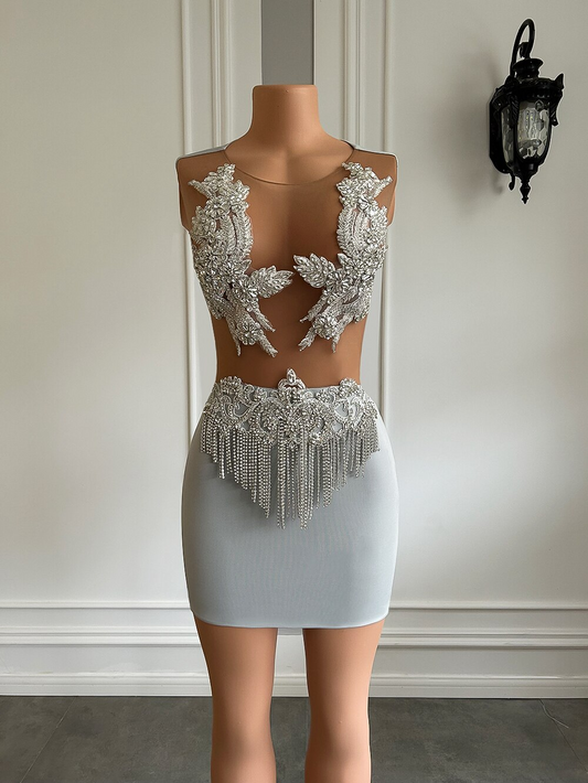 Vestidos de fiesta de cumpleaños cortos de malla transparente con imagen real, vestidos formales con brillantes diamantes plateados y licra, minivestidos negros para niñas. 