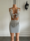 Vestidos de fiesta de cumpleaños cortos de malla transparente con imagen real, vestidos formales con brillantes diamantes plateados y licra, minivestidos negros para niñas. 