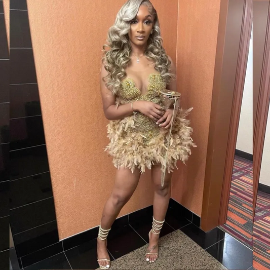 Vestidos curtos de baile com penas douradas, strass, justos, pretos, para meninas, vestidos de aniversário, formatura, coquetel, festa