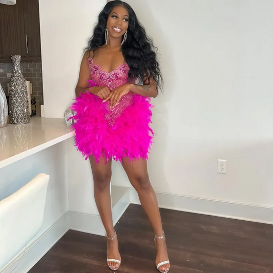 Vestidos de baile de luxo fúcsia com strass, vestidos de aniversário femininos com penas, vestidos de gala, formatura, vestido de coquetel