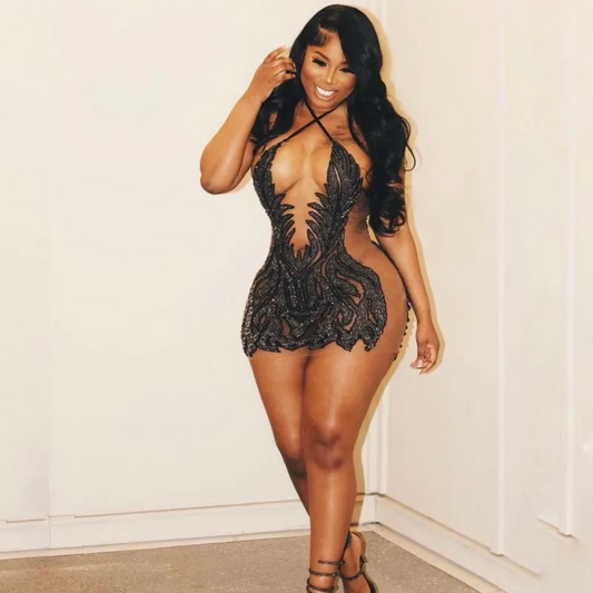 Vestido de baile preto curto para mulheres, transparente, com strass, vestido de festa africano, vestido de formatura, vestido de coquetel