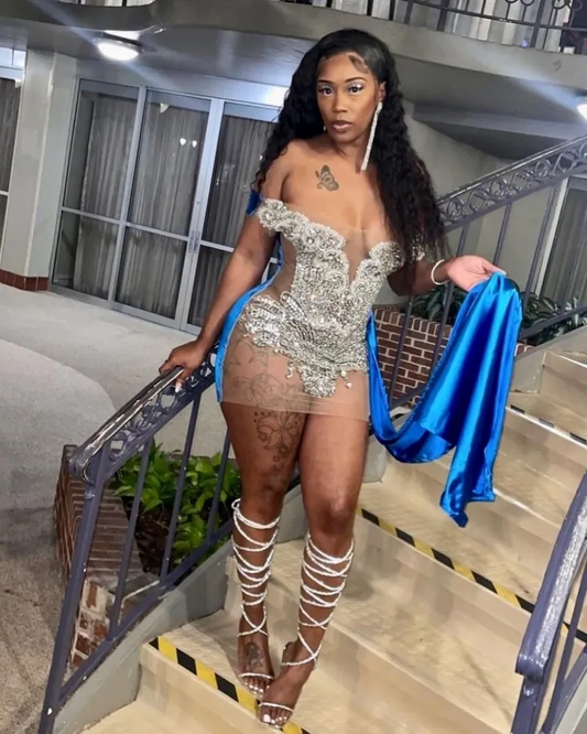 Vestidos de aniversário transparentes com miçangas para mulheres, vestido curto de festa com strass e cauda, vestidos de baile pretos para meninas, vestidos de gala