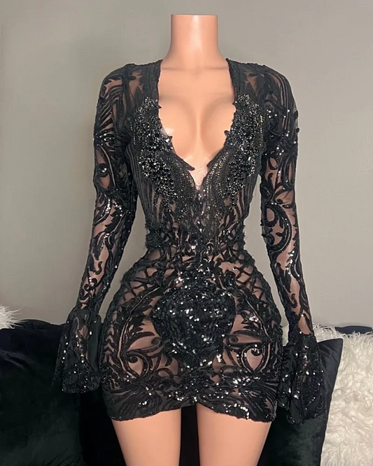 Vestidos de baile pretos sensuais, mangas compridas, lantejoulas, vestidos de festa de aniversário, miçangas, vestidos curtos de gala para