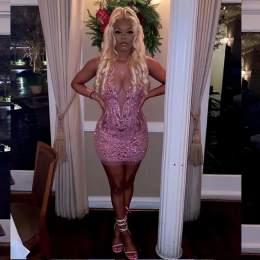 Vestidos de cumpleaños con diamantes de imitación rosas para niñas negras, vestidos cortos de fiesta con cuello transparente, vestidos de gala para fiesta 