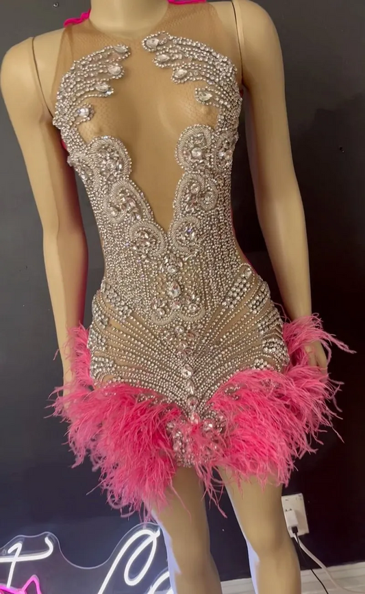 Vestidos de fiesta de cumpleaños rosa brillante para mujer, con cuentas de diamantes de imitación, plumas cortas, vestidos de graduación de tul 
