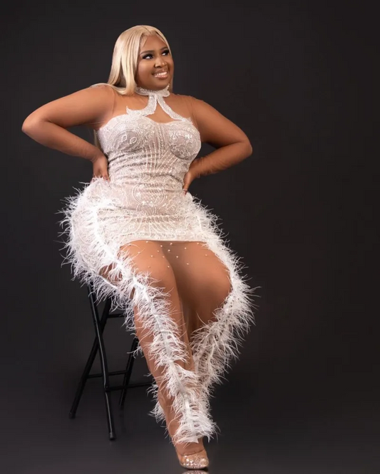 Vestido de fiesta de plumas sexy para chicas negras, con cuentas y plumas, estilo sirena africano, para graduación 