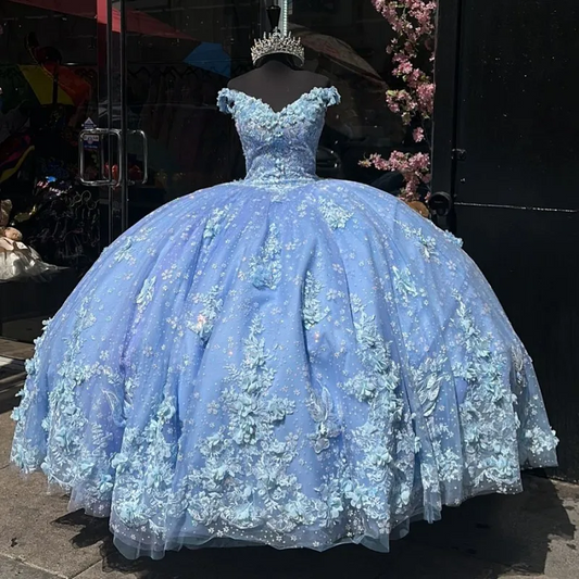 Vestido de quinceañera azul claro con apliques y hombros descubiertos para niñas mexicanas, vestido de fiesta de quince años