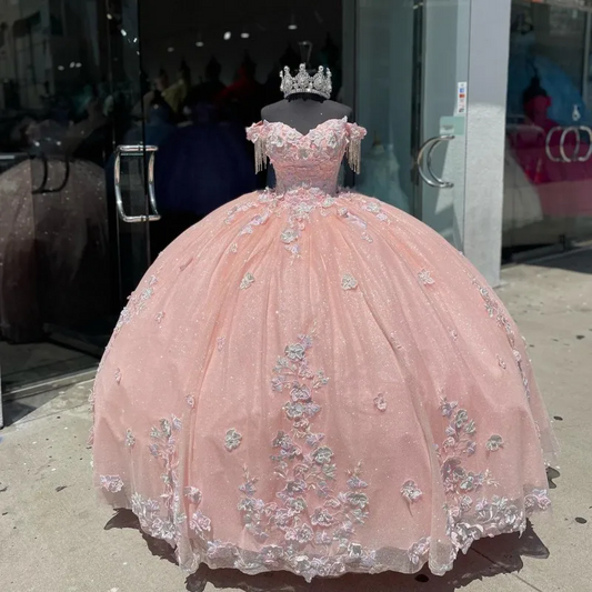 Vestido brillante de quinceañera de princesa con apliques de lentejuelas para niñas mexicanas, vestido de fiesta de cumpleaños de quinceañera 