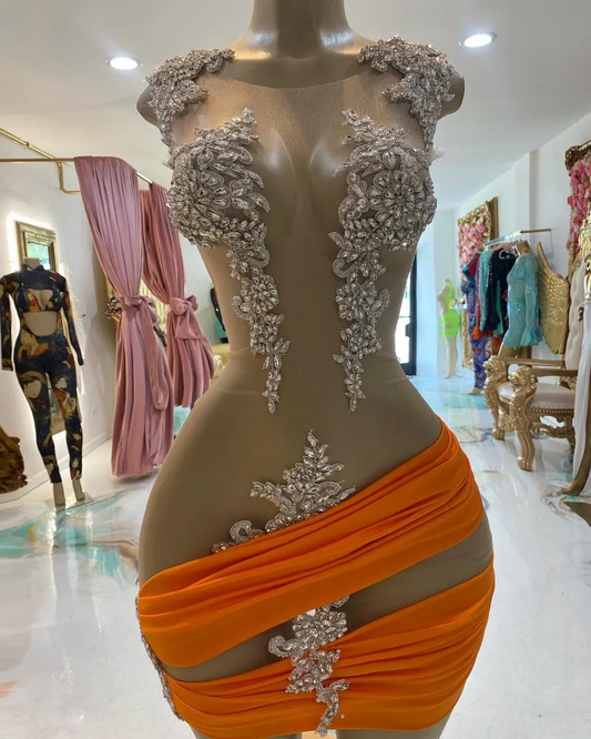 Vestidos de fiesta sexys transparentes para mujer, vestidos de fiesta de sirena con cuentas de cristal y escote redondo 