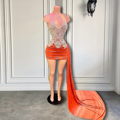 New Black Girls Birthday Party Gowns Luxury Beaded Sparkly Crystals Orange Velvet Short Prom Dresses With Train