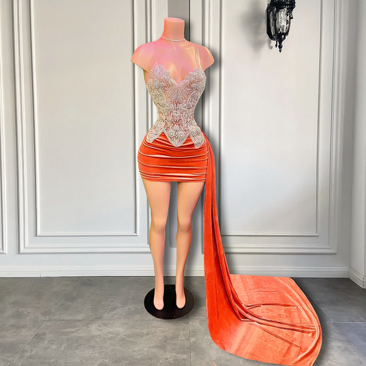 Nuevos vestidos de fiesta de cumpleaños para niñas negras, lujosos vestidos de fiesta cortos de terciopelo naranja con cristales brillantes y cola. 