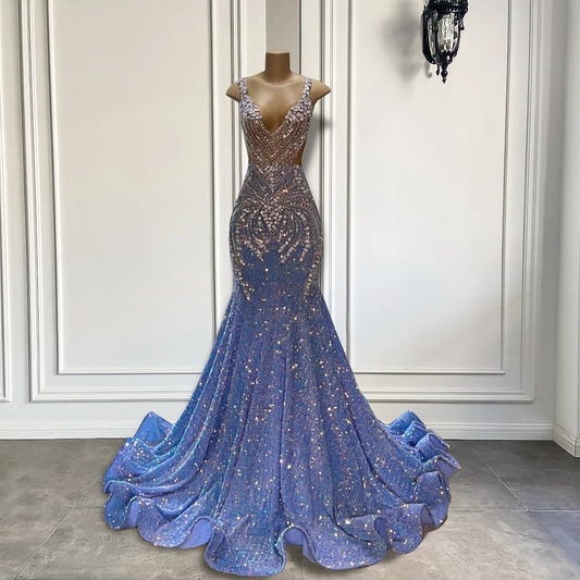 Vestidos de fiesta largos de lujo con brillantes cristales plateados estilo sirena, azul claro y negro, para niñas.
