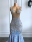 Vestidos de fiesta largos de lujo con brillantes cristales plateados estilo sirena, azul claro y negro, para niñas.