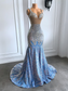 Vestidos de fiesta largos de lujo con brillantes cristales plateados estilo sirena, azul claro y negro, para niñas.