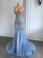 Vestidos de fiesta largos de lujo con brillantes cristales plateados estilo sirena, azul claro y negro, para niñas.