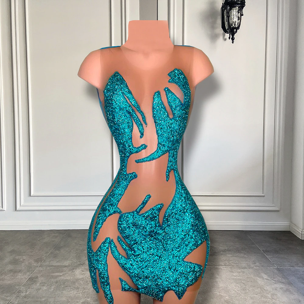 Vestidos de cóctel transparentes y sexys para mujer, para fiesta de cumpleaños, con cristales azules y negros, vestidos cortos de graduación para niña. 