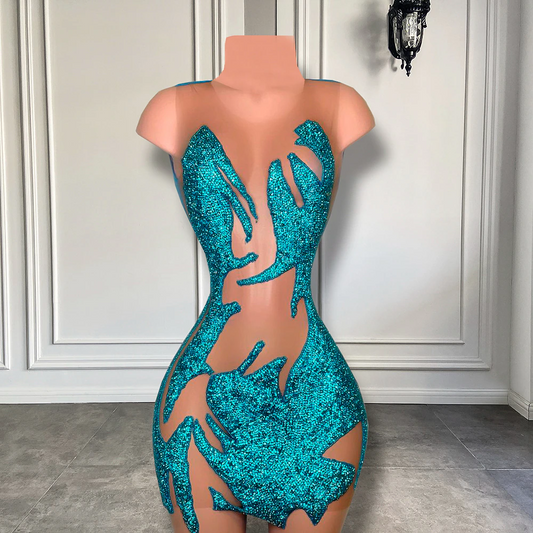 Vestidos de cóctel transparentes y sexys para mujer, para fiesta de cumpleaños, con cristales azules y negros, vestidos cortos de graduación para niña. 