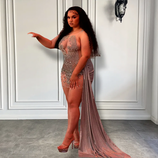 Vestidos de fiesta de cumpleaños para mujer, de talla grande, transparentes, de lujo, con cristales brillantes, negros, cortos, con cola lateral 