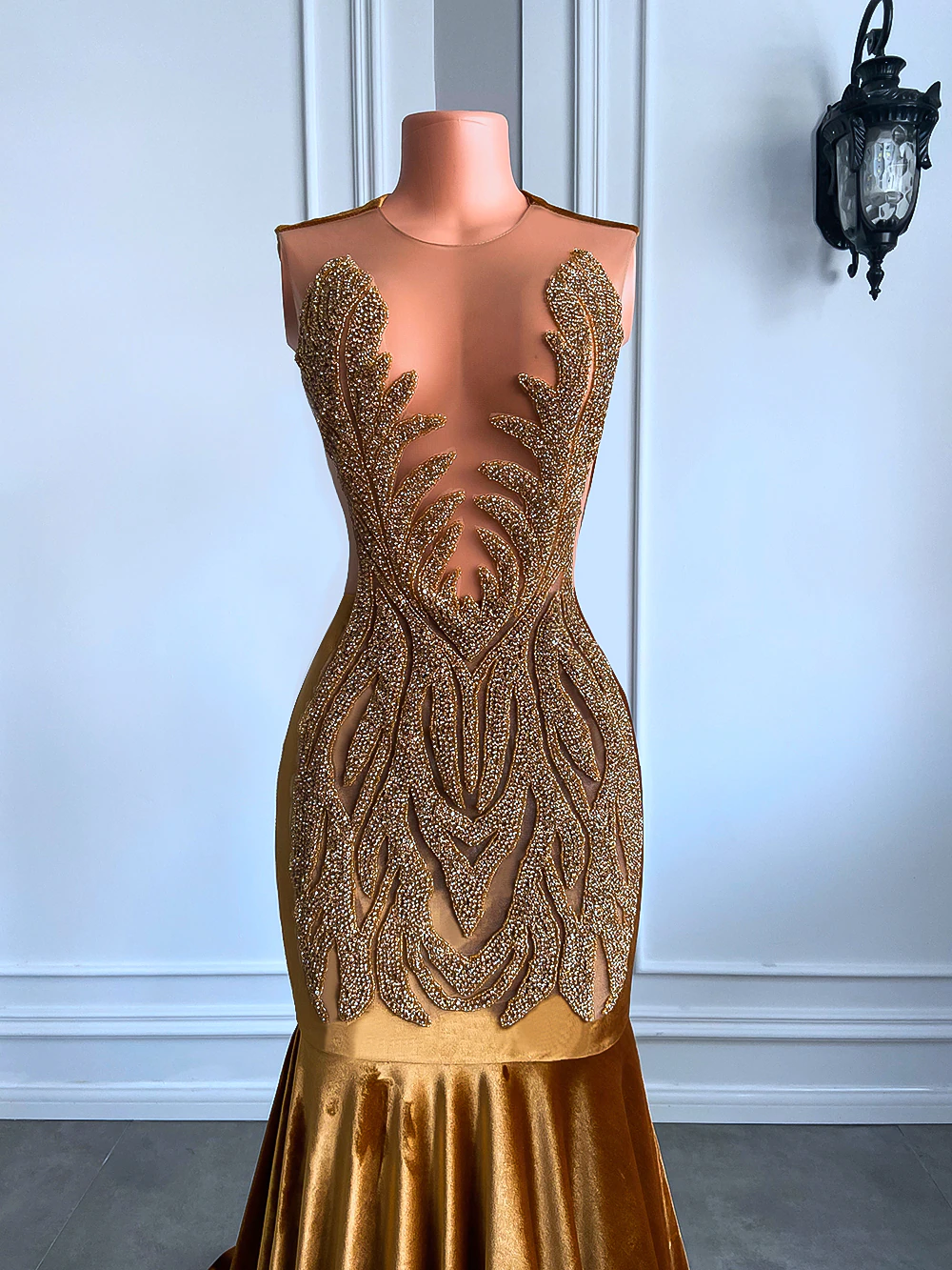 Vestidos de fiesta largos dorados con imagen real, parte superior transparente, de lujo, con brillantes diamantes de terciopelo negro, vestidos de fiesta de sirena para gala