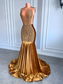 Vestidos de fiesta largos dorados con imagen real, parte superior transparente, de lujo, con brillantes diamantes de terciopelo negro, vestidos de fiesta de sirena para gala