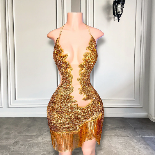 Minivestido de fiesta corto dorado con cuello halter, transparente, sexy y con diamantes brillantes para fiesta de cumpleaños. 