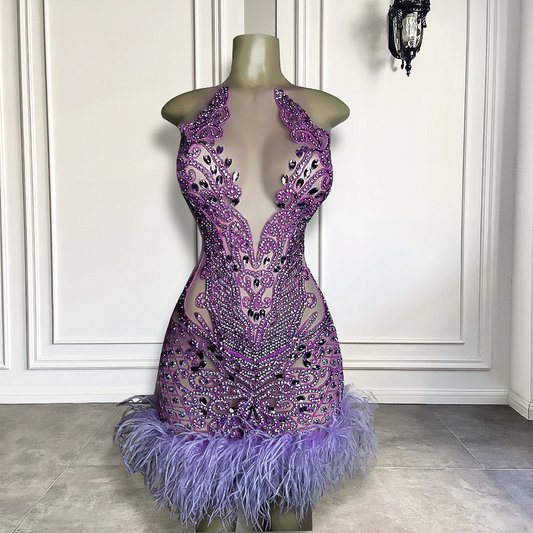 Nuevos vestidos de fiesta de cumpleaños de lujo con brillantes diamantes morados para mujer, minivestidos de fiesta cortos con plumas para chicas negras 