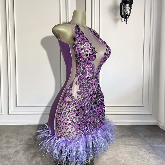 Nuevos vestidos de fiesta de cumpleaños de lujo con brillantes diamantes morados para mujer, minivestidos de fiesta cortos con plumas para chicas negras 