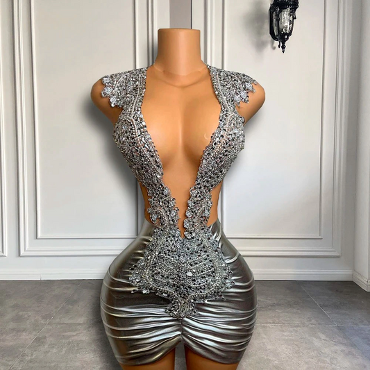 Vestidos de fiesta de cumpleaños para mujer, brillantes, transparentes, con cuello redondo, de lujo, plateados, con cuentas negras, cortos y minivestidos de fiesta para niñas. 