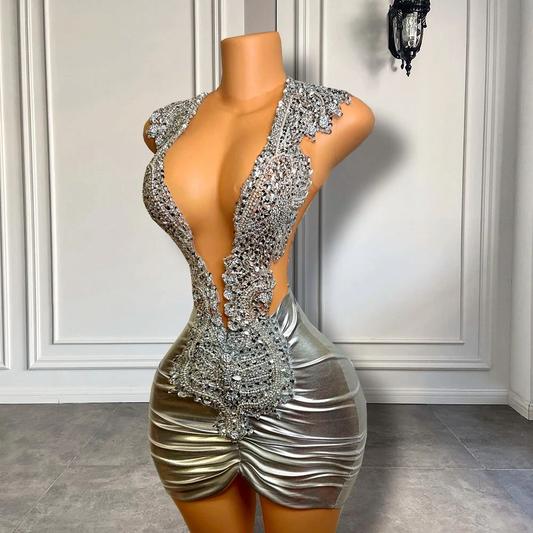 Vestidos de fiesta de cumpleaños para mujer, brillantes, transparentes, con cuello redondo, de lujo, plateados, con cuentas negras, cortos y minivestidos de fiesta para niñas. 