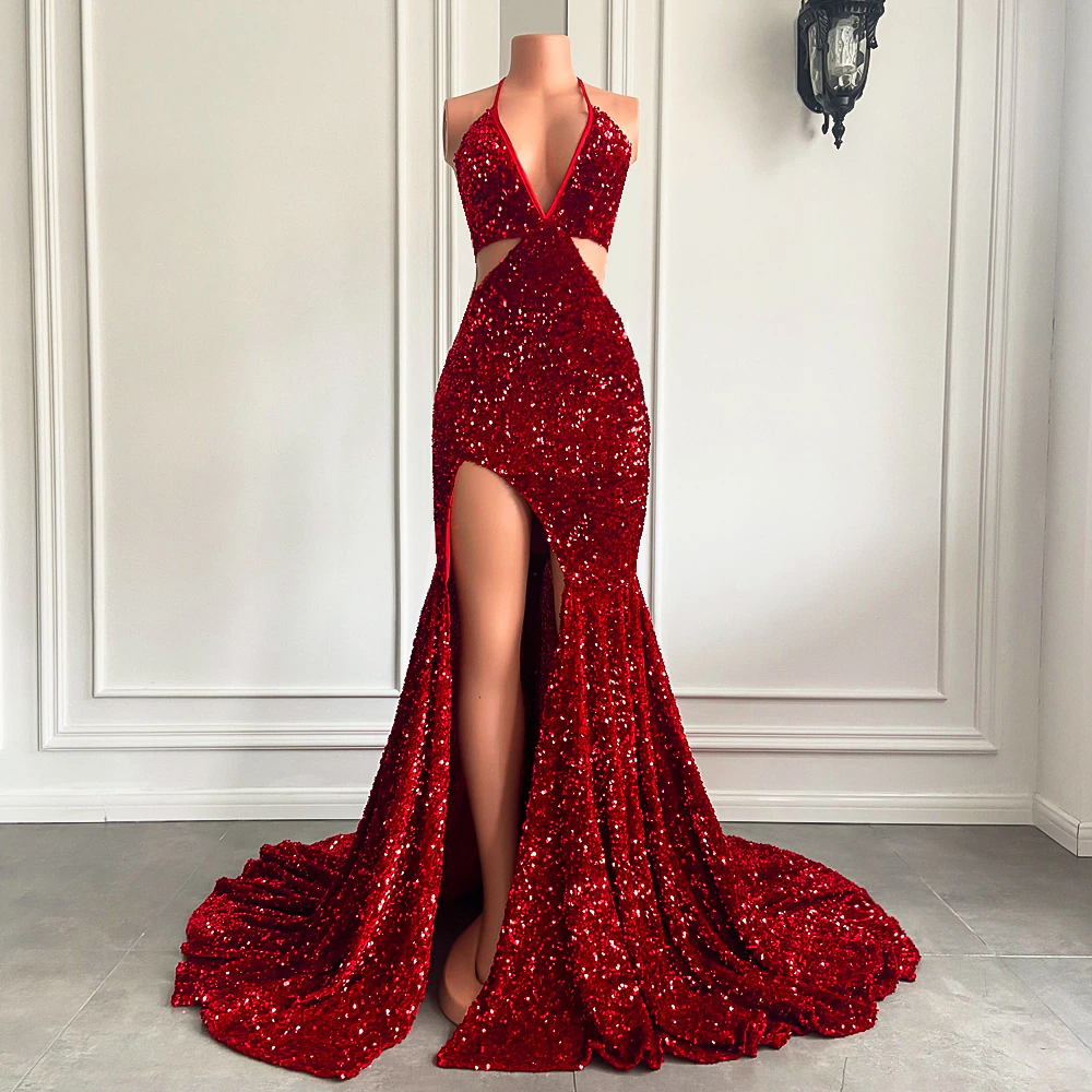 Vestidos de fiesta largos y sexys de sirena con abertura alta y cuello halter con lentejuelas rojas brillantes para niñas negras africanas, vestidos de fiesta de gala 
