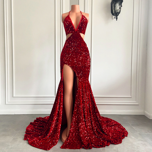 Vestidos de fiesta largos y sexys de sirena con abertura alta y cuello halter con lentejuelas rojas brillantes para niñas negras africanas, vestidos de fiesta de gala 