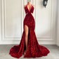 Vestidos de fiesta largos y sexys de sirena con abertura alta y cuello halter con lentejuelas rojas brillantes para niñas negras africanas, vestidos de fiesta de gala 