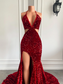 Vestidos de fiesta largos y sexys de sirena con abertura alta y cuello halter con lentejuelas rojas brillantes para niñas negras africanas, vestidos de fiesta de gala 
