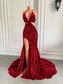 Vestidos de fiesta largos y sexys de sirena con abertura alta y cuello halter con lentejuelas rojas brillantes para niñas negras africanas, vestidos de fiesta de gala 