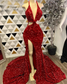 Vestidos de fiesta largos y sexys de sirena con abertura alta y cuello halter con lentejuelas rojas brillantes para niñas negras africanas, vestidos de fiesta de gala 