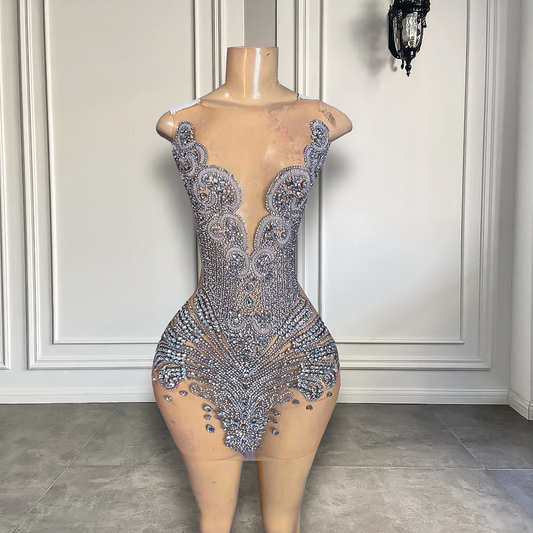 Vestidos de fiesta de cumpleaños para mujer, de lujo, con cristales plateados brillantes y diamantes, sexys, de malla transparente, negros, mini vestidos de graduación cortos. 
