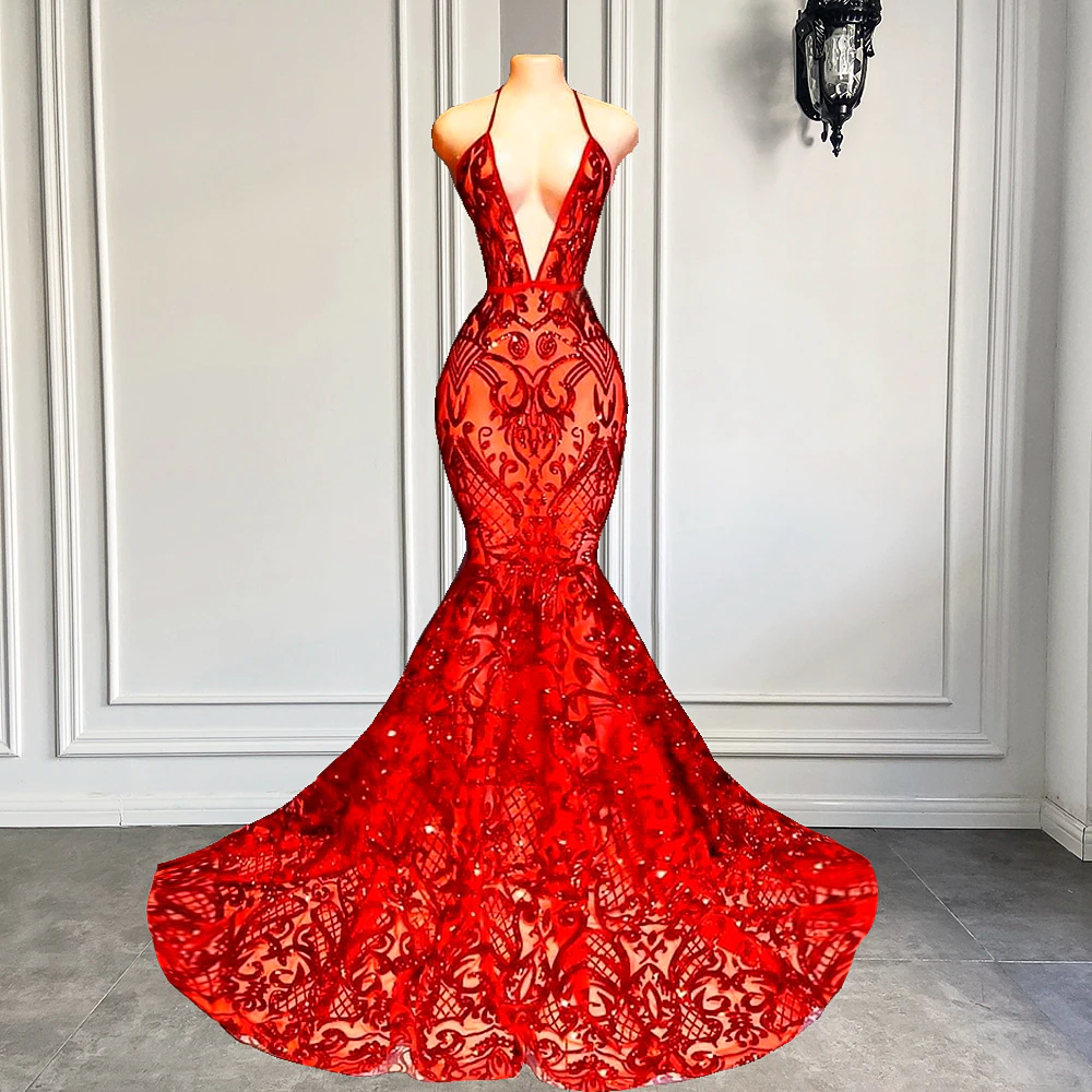 Vestido de fiesta largo y sexy estilo sirena con cuello halter, sin espalda, con lentejuelas rojas brillantes y negro, para niñas, vestidos de gala para graduación 