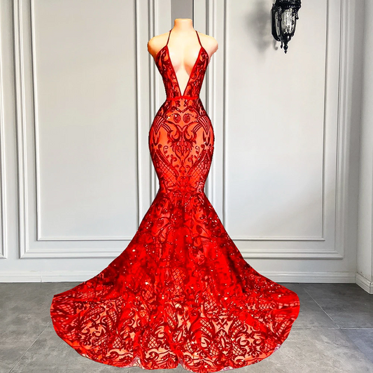Vestido de fiesta largo y sexy estilo sirena con cuello halter, sin espalda, con lentejuelas rojas brillantes y negro, para niñas, vestidos de gala para graduación 