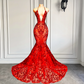 Vestido de fiesta largo y sexy estilo sirena con cuello halter, sin espalda, con lentejuelas rojas brillantes y negro, para niñas, vestidos de gala para graduación 