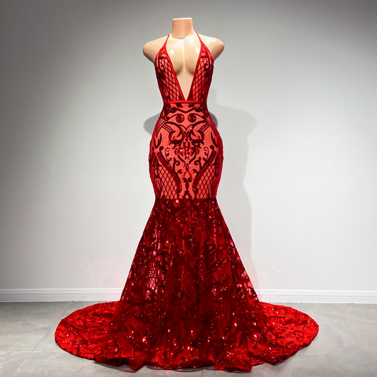 Vestido de fiesta largo y sexy estilo sirena con cuello halter, sin espalda, con lentejuelas rojas brillantes y negro, para niñas, vestidos de gala para graduación 